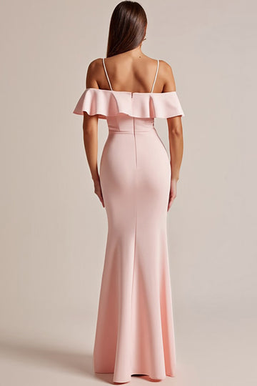 Sheath/Column Long Pink Formal Dress With Ruffles